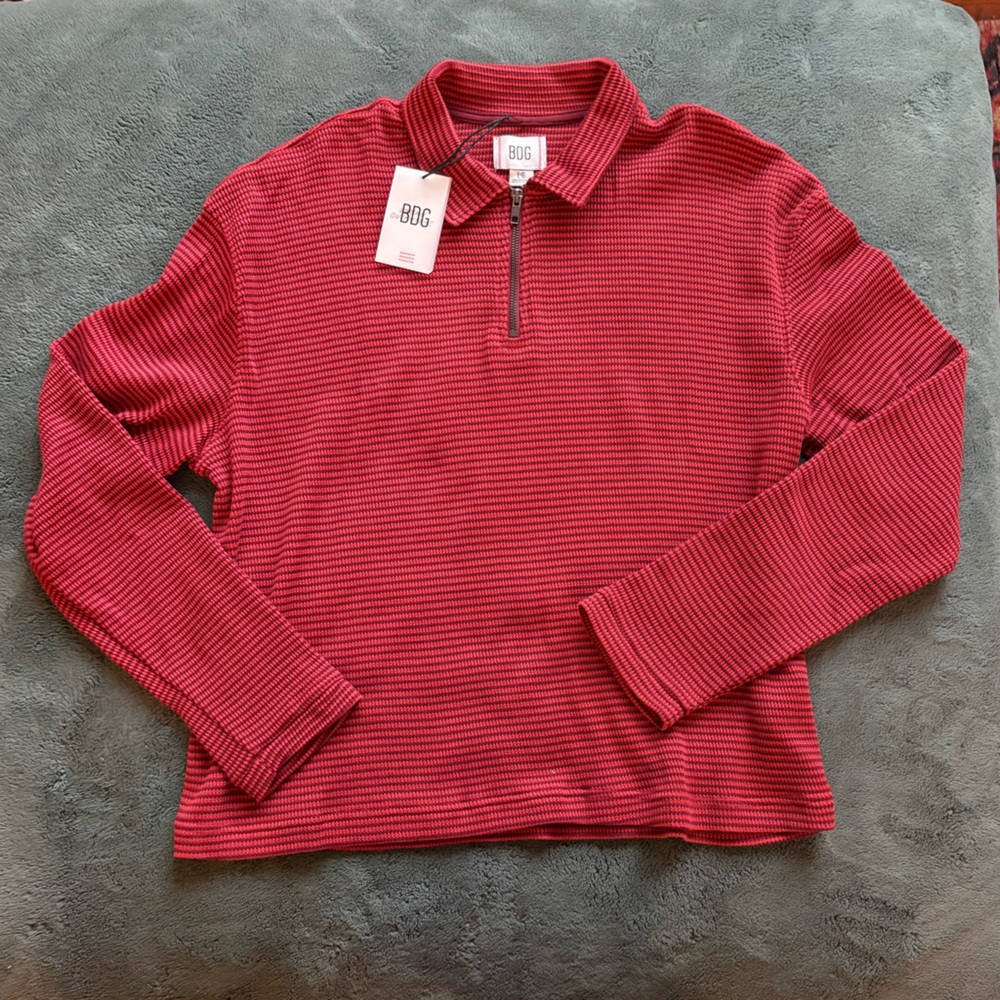 UO Red Striped Quarter-Zip Polo